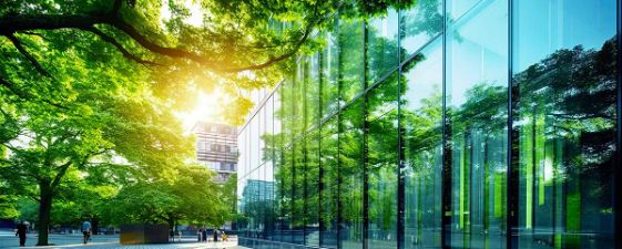 Verglastes Bürogebäude mit grünen Bäumen davor